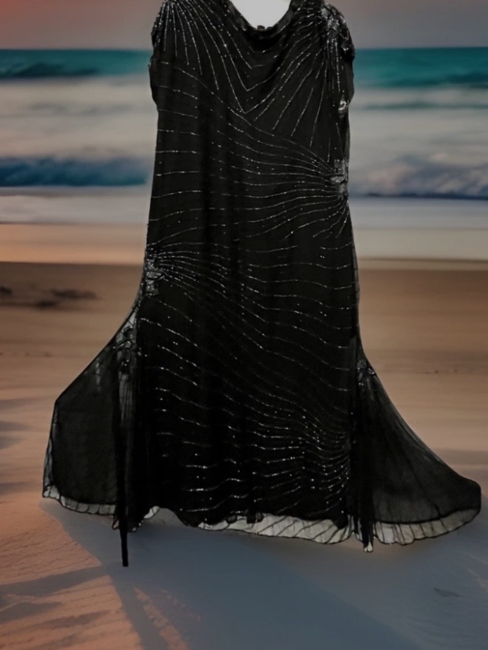 Vintage Lawrence Kazar, Sequin,Bugle Beaded Evening Gown,  2X, Fluted Hem